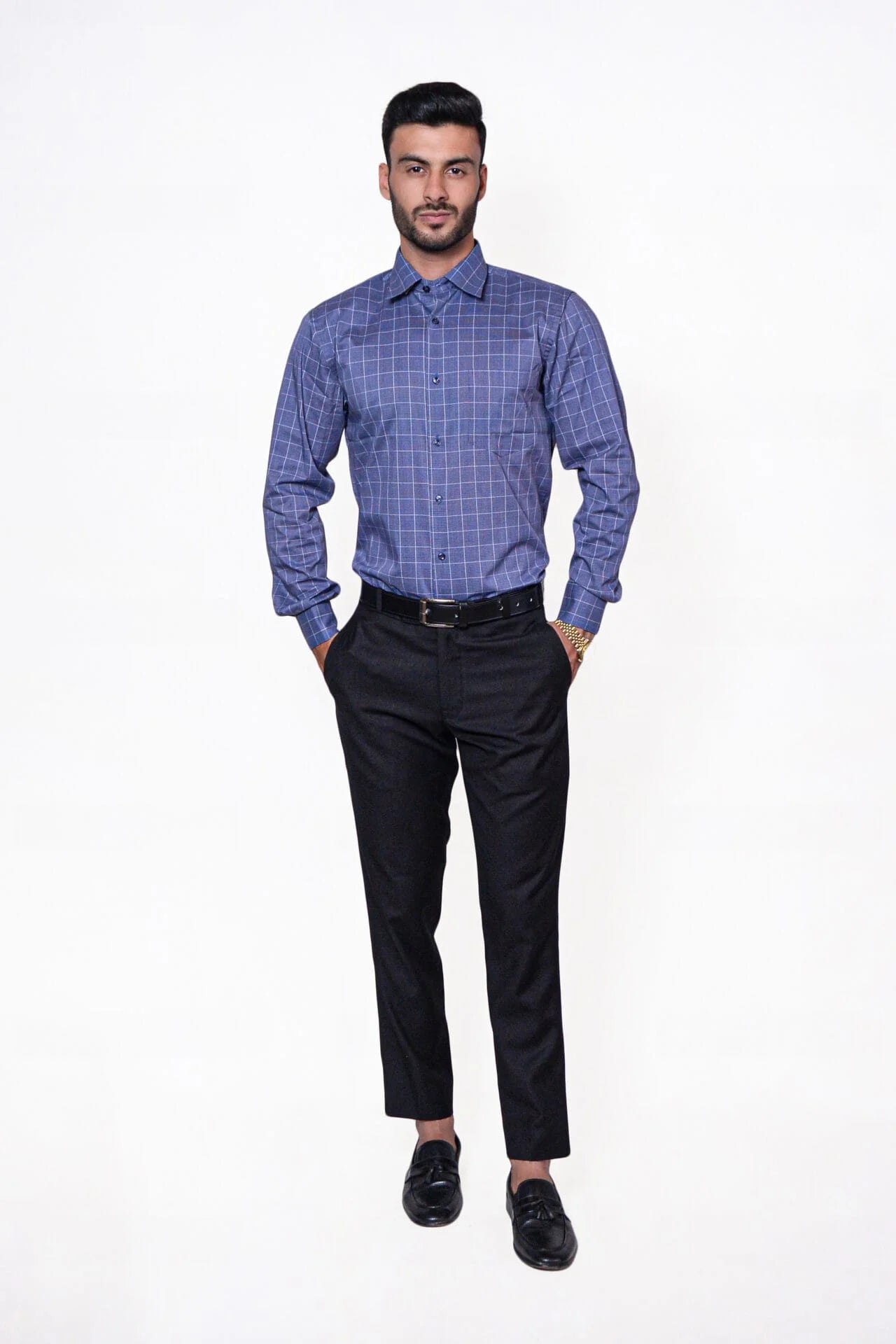 Firdous Blue & White Lining Check Menβs Formal Shirt Cotton